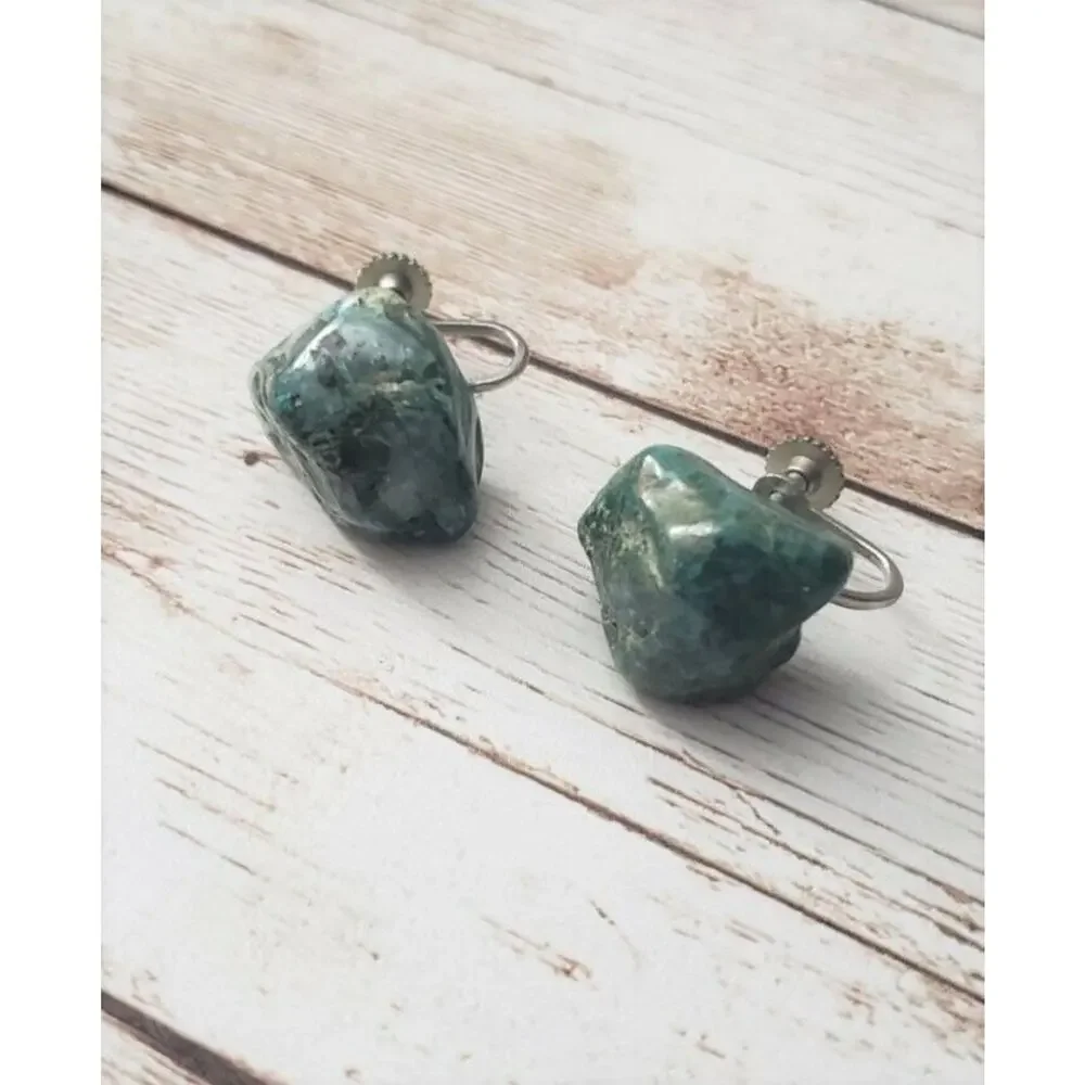 Vintage Screw On Earrings - Dark Teal Tones Stone